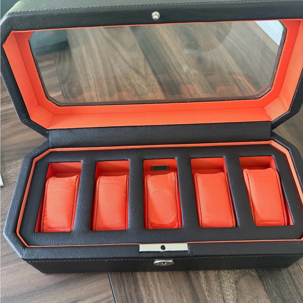 WOLF Windsor Brown Leather 5-Slot Watch Storage Case with Orange Interior